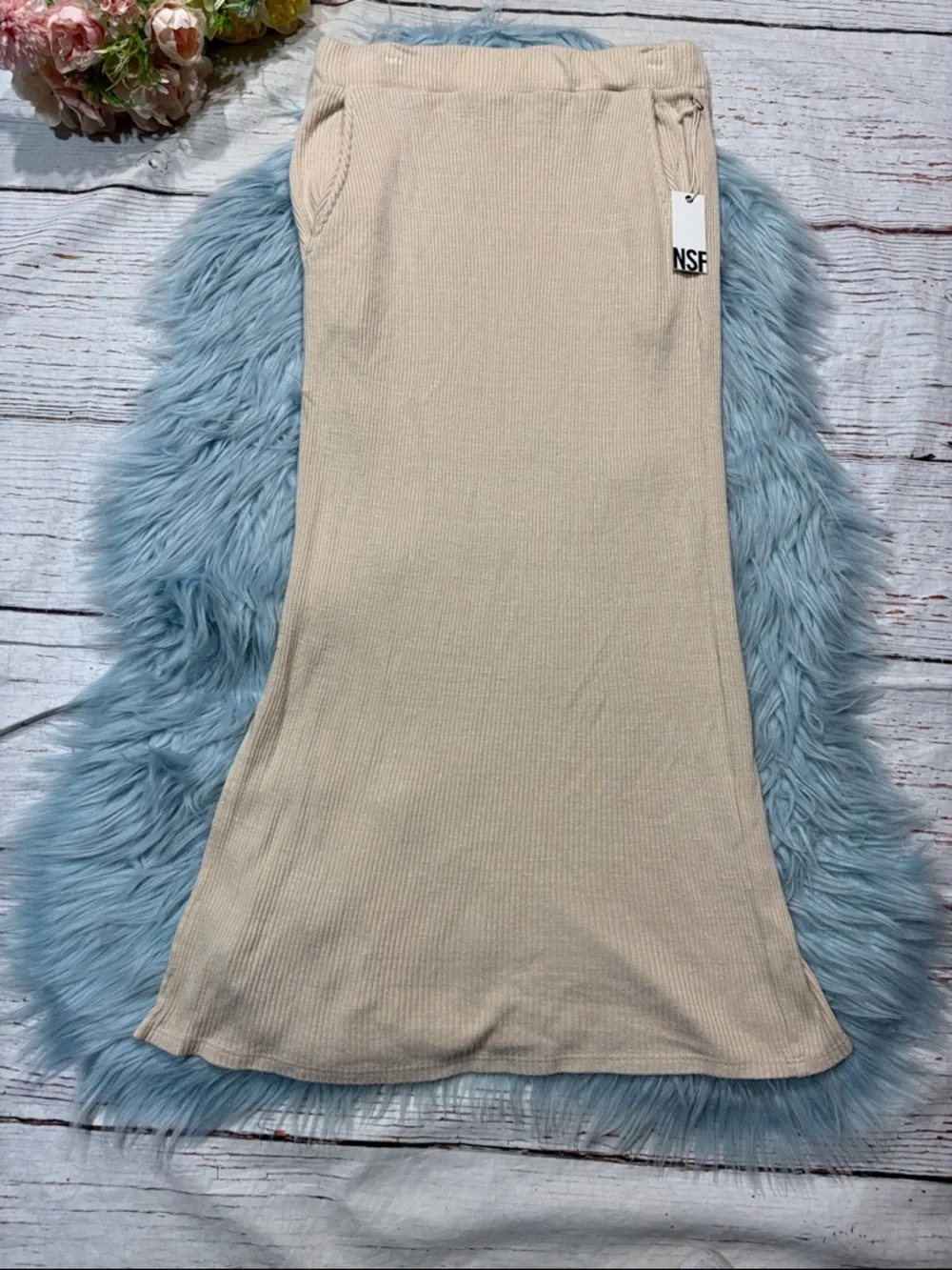 NWT NSF Cream Ribbed Side Slit Maxi Skirt